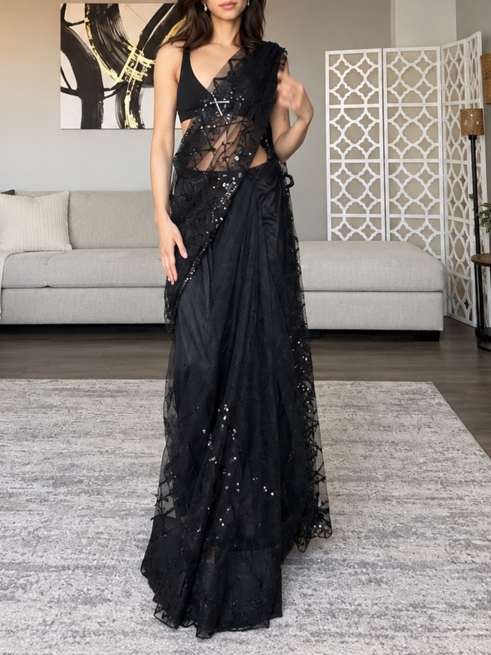 Ready to wear Black Sequin pre draped - with black sequin bralette